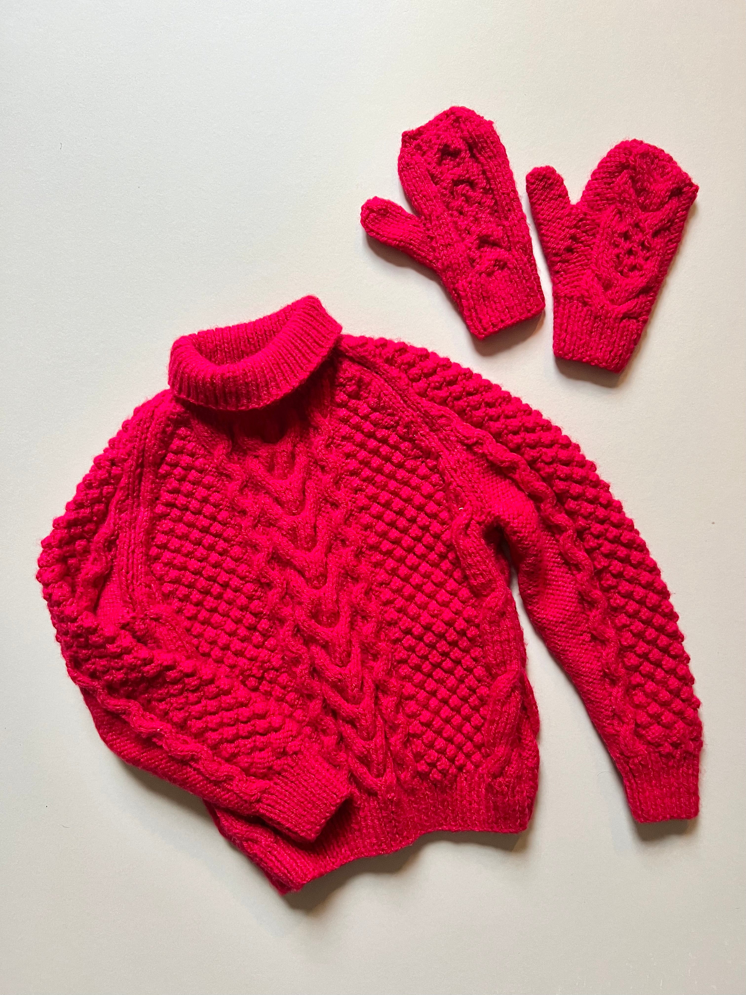 Hand Knitted Red Aran Jumper & Mittens Age 3-5