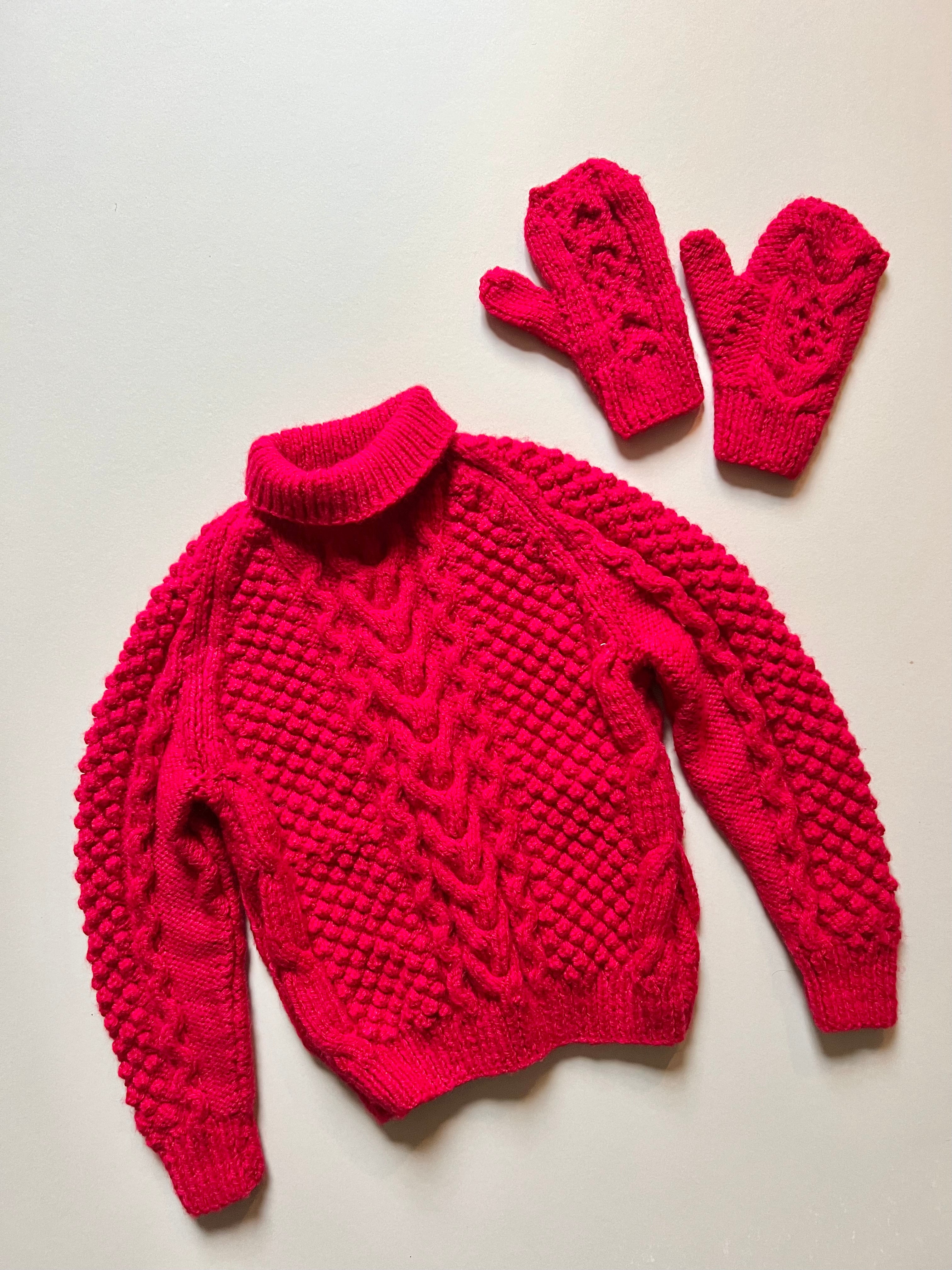 Hand Knitted Red Aran Jumper & Mittens Age 3-5