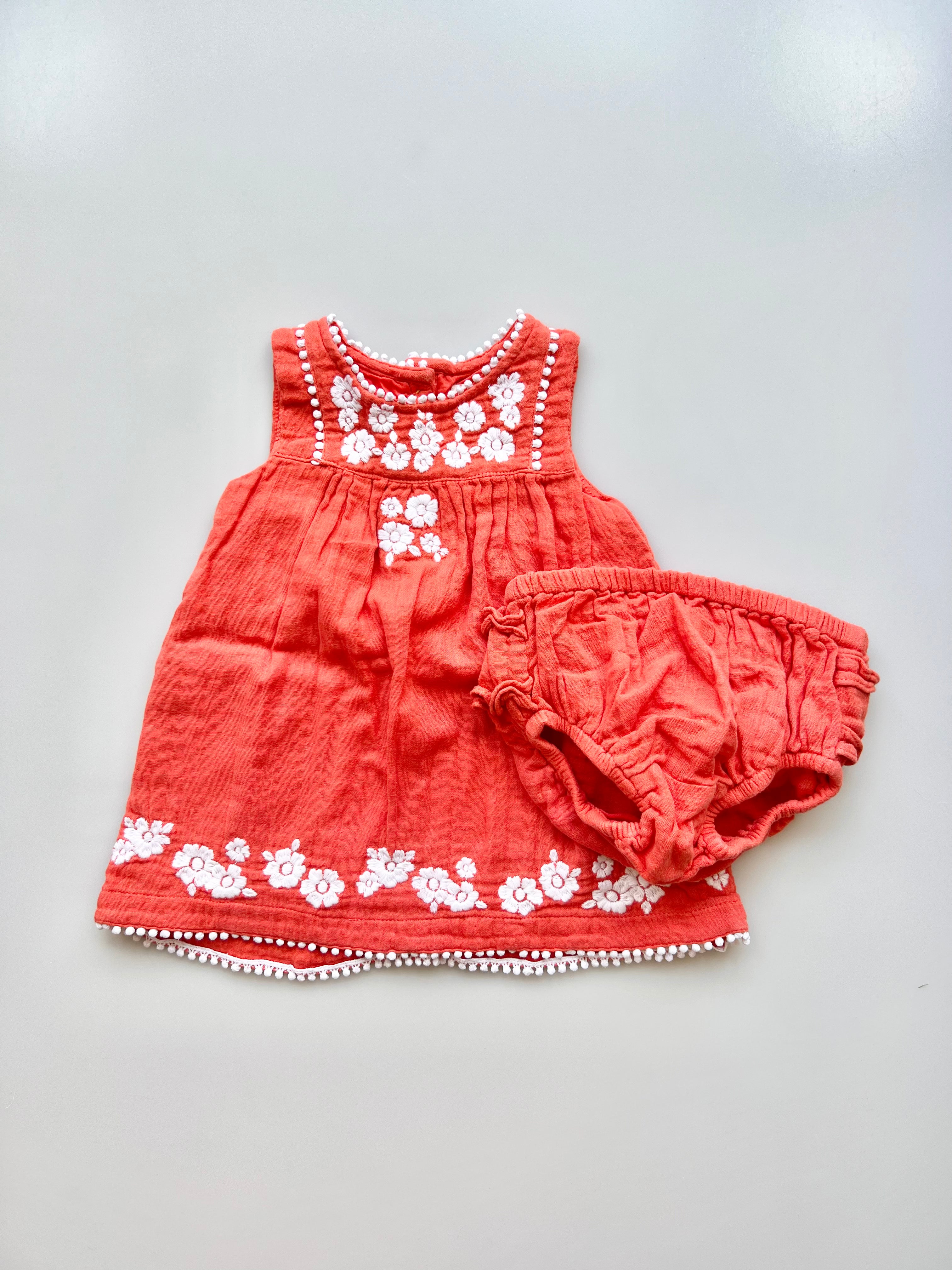 Baby Boden Coral Embroidered Dress & Bloomers  0-3 Months